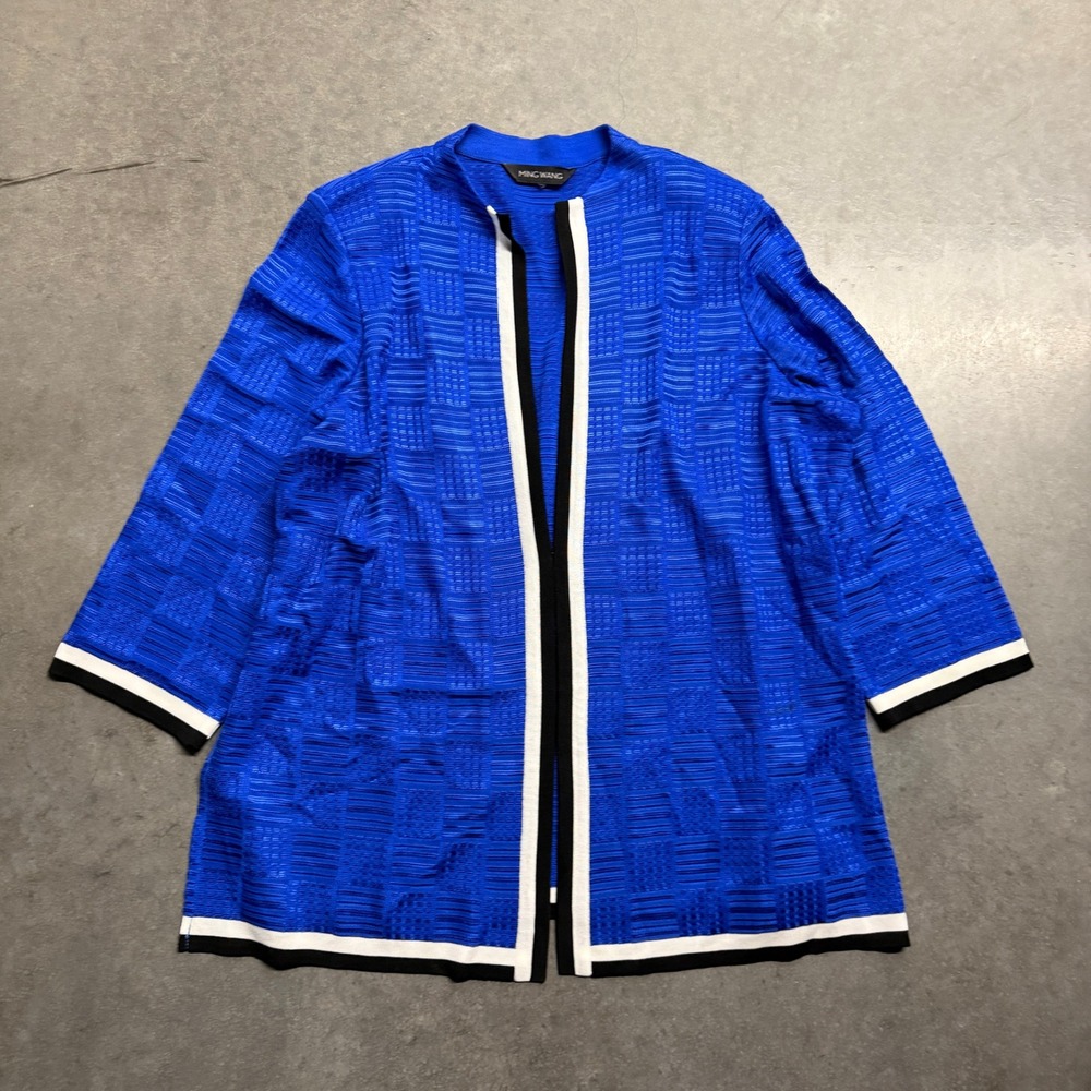 Ming Wang Royal Blue Textured Knit Open Front Jacket Striped Trim Size L